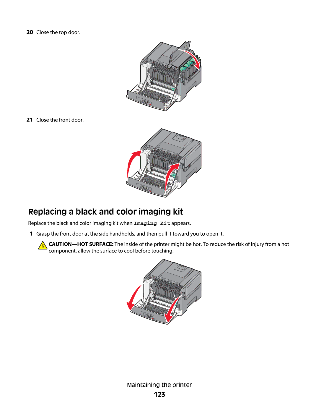 Lexmark C54x Series manual Replacing a black and color imaging kit, 123 