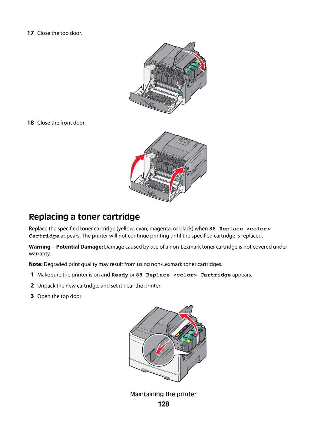 Lexmark C54x Series manual Replacing a toner cartridge, 128 