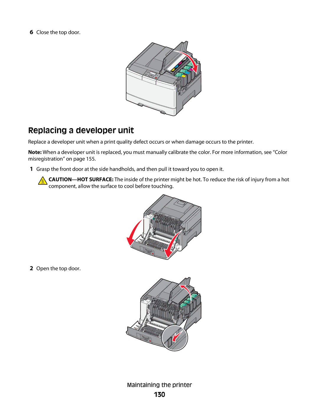 Lexmark C54x Series manual Replacing a developer unit, 130 