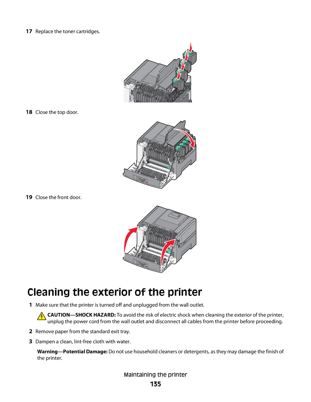 Lexmark C54x Series manual Cleaning the exterior of the printer, 135 