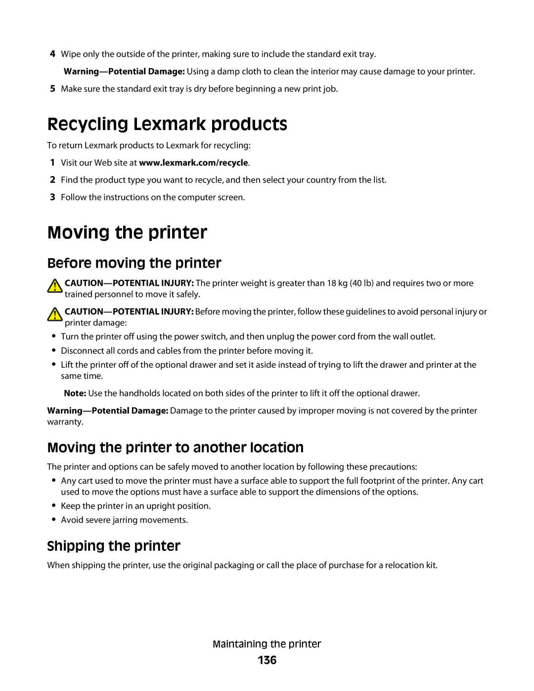 Lexmark C54x Series manual Recycling Lexmark products, Moving the printer, Before moving the printer, Shipping the printer 