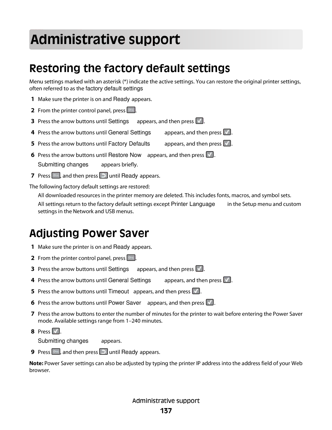 Lexmark C54x Series manual Adm inistra tiv e support, Restoring the factory default settings, Adjusting Power Saver, 137 