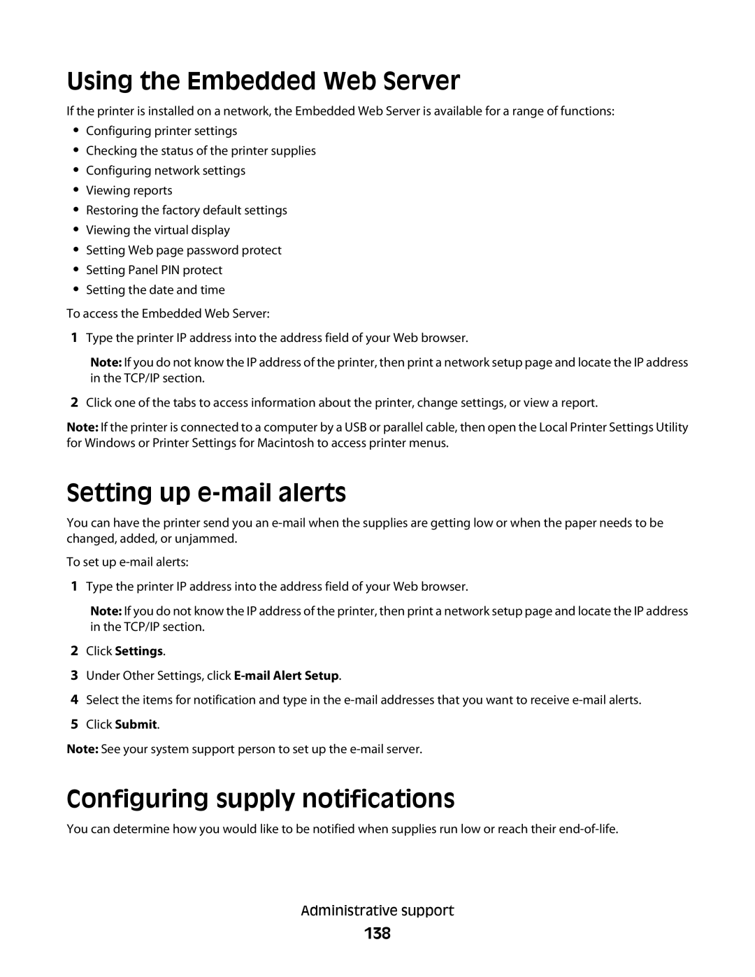 Lexmark C54x Series manual Using the Embedded Web Server, Setting up e-mail alerts, Configuring supply notifications, 138 