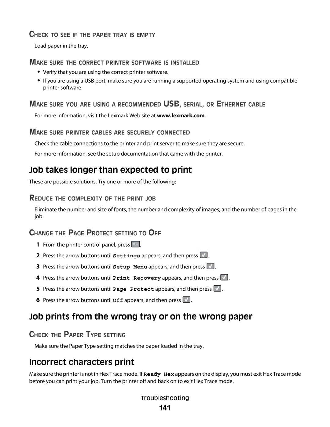 Lexmark C54x Series Job takes longer than expected to print, Job prints from the wrong tray or on the wrong paper, 141 