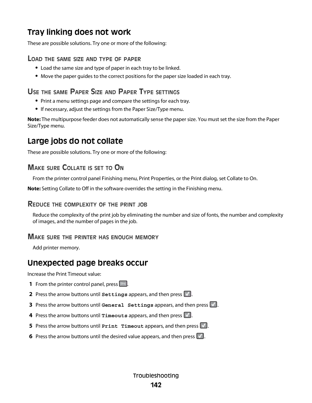 Lexmark C54x Series manual Tray linking does not work, Large jobs do not collate, Unexpected page breaks occur, 142 
