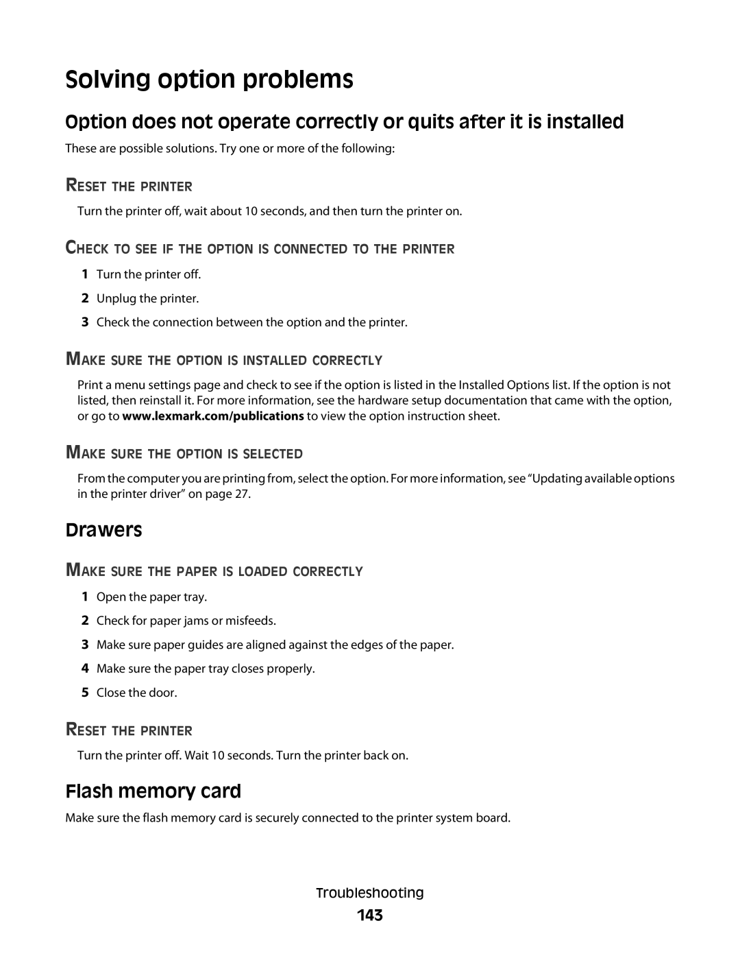 Lexmark C54x Series manual Solving option problems, Drawers, Flash memory card, 143 