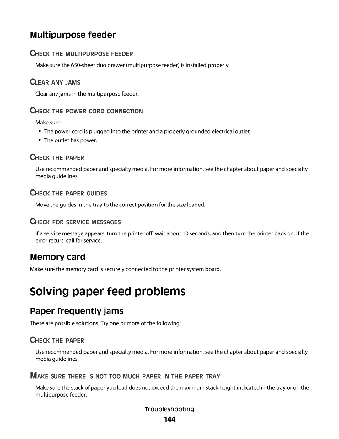 Lexmark C54x Series manual Solving paper feed problems, Multipurpose feeder, Memory card, Paper frequently jams, 144 