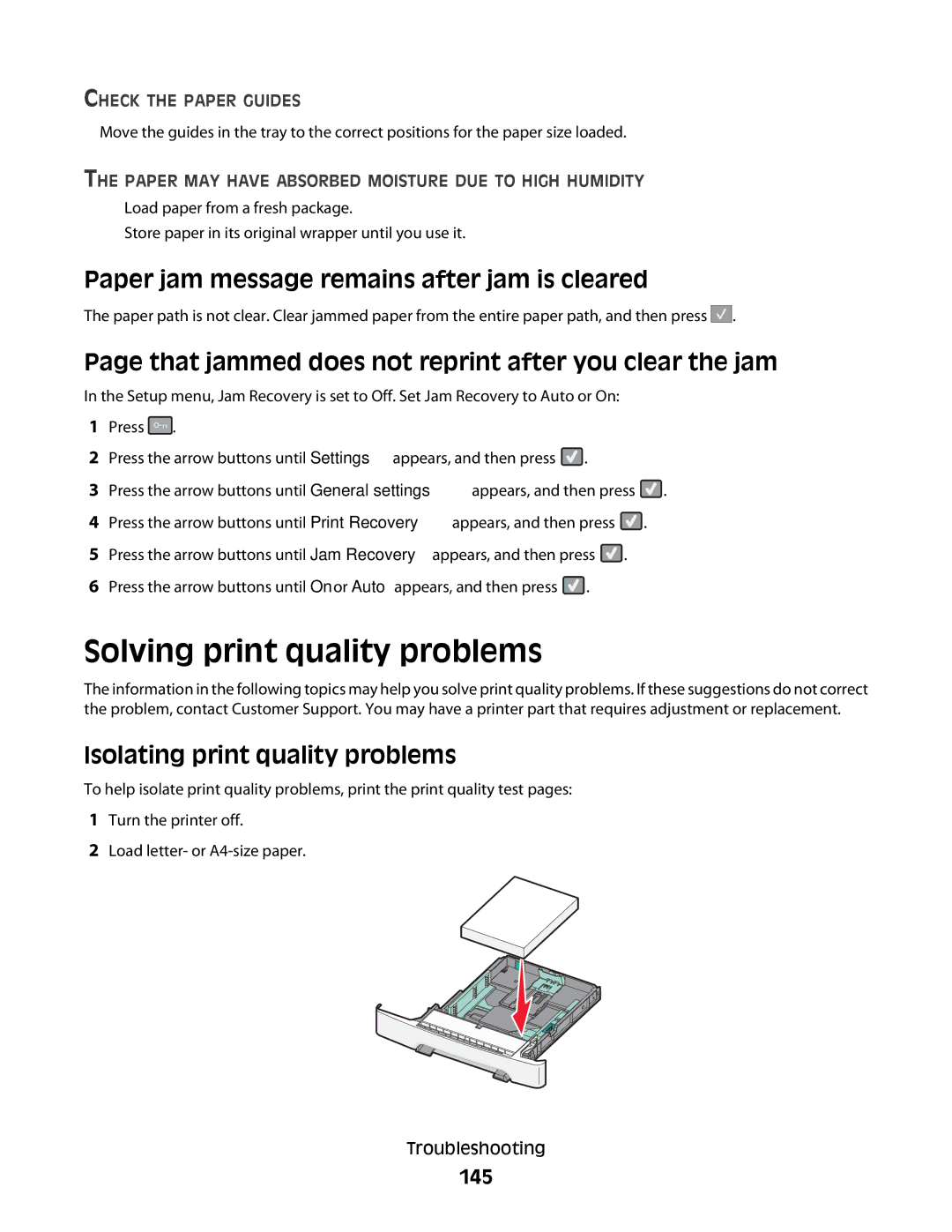 Lexmark C54x Series manual Solving print quality problems, Paper jam message remains after jam is cleared, 145 