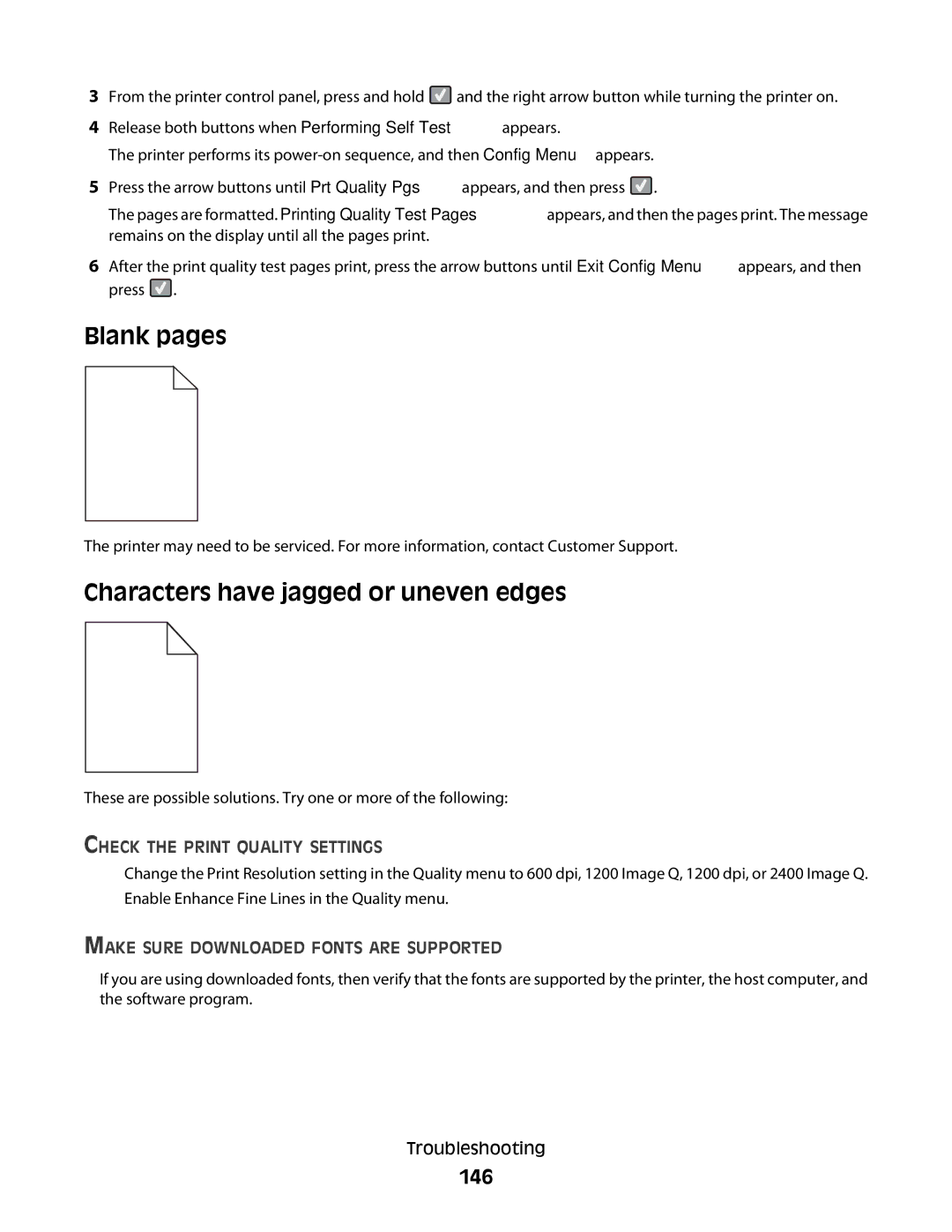 Lexmark C54x Series manual Blank pages, Characters have jagged or uneven edges, 146 