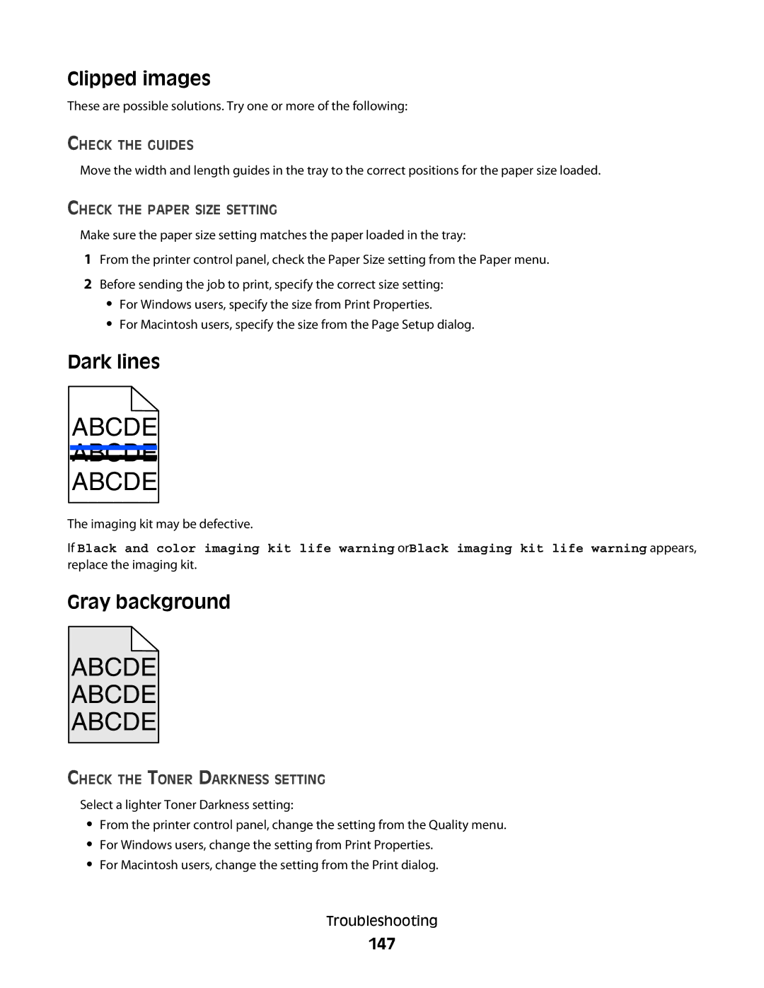 Lexmark C54x Series manual Clipped images, Dark lines, Gray background, 147 