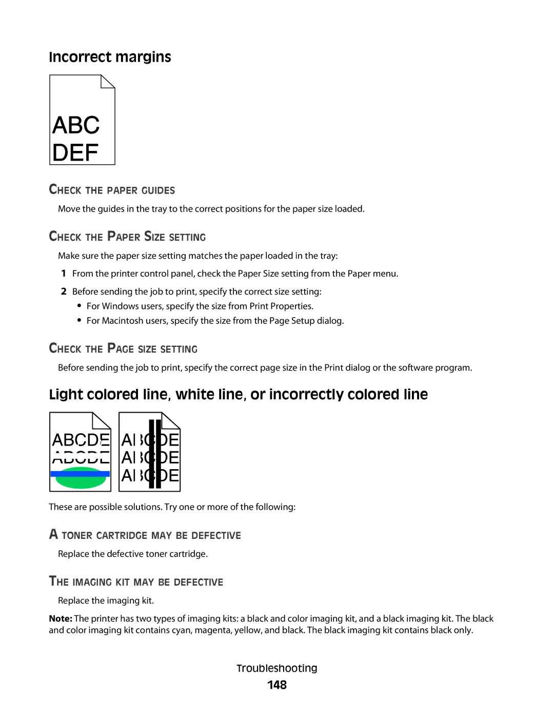 Lexmark C54x Series manual Incorrect margins, Light colored line, white line, or incorrectly colored line, 148 