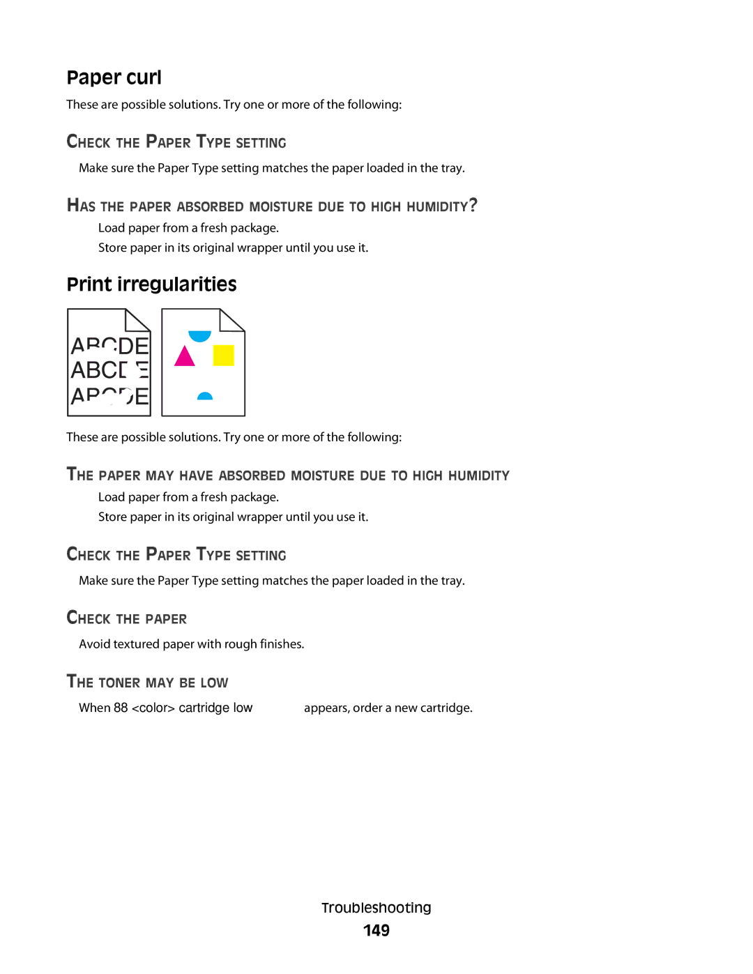 Lexmark C54x Series manual Paper curl, Print irregularities, 149 