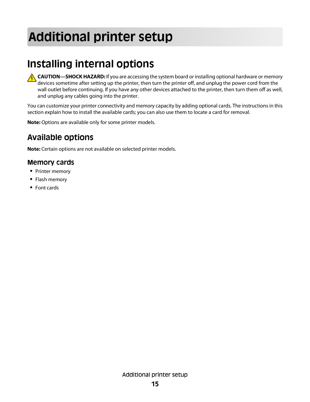 Lexmark C54x Series manual Add itional p rinter se t up, Installing internal options, Available options, Memory cards 