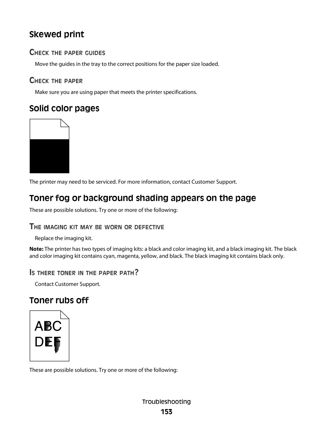 Lexmark C54x Series manual Skewed print, Solid color pages, Toner fog or background shading appears on, Toner rubs off, 153 