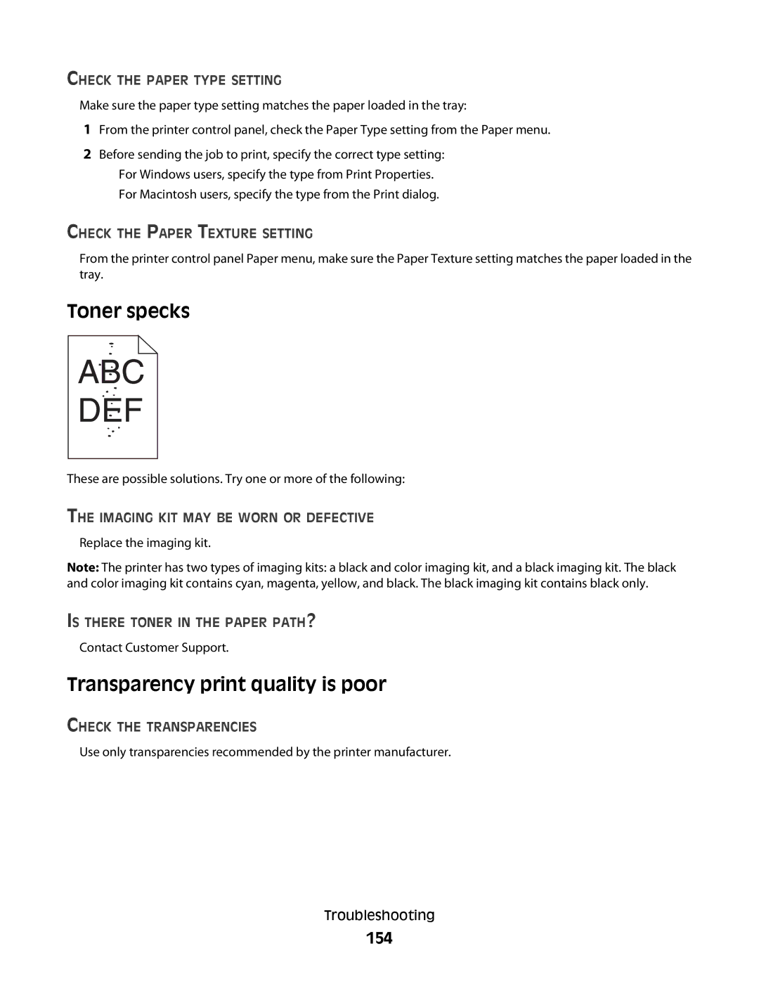 Lexmark C54x Series manual Toner specks, Transparency print quality is poor, 154 