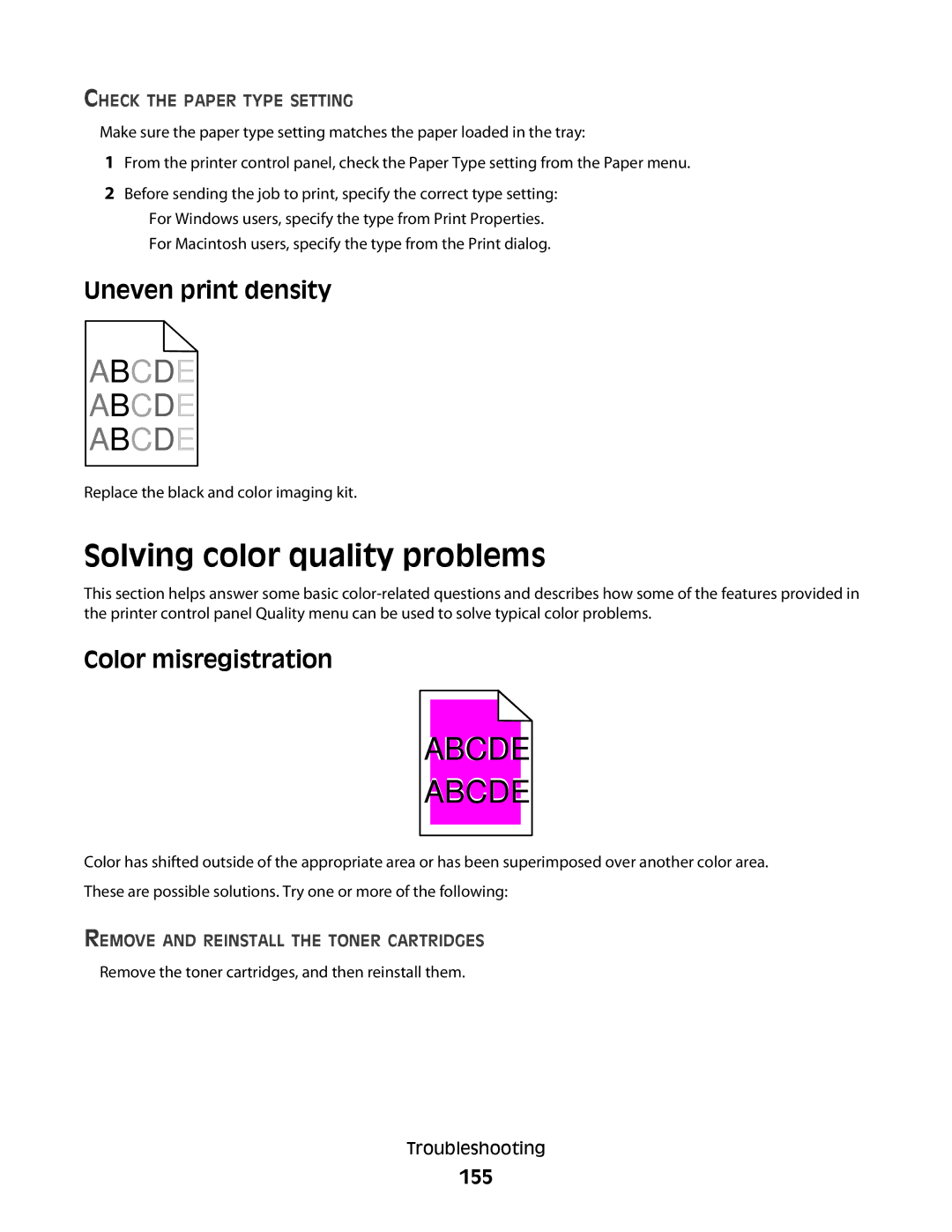 Lexmark C54x Series manual Solving color quality problems, Uneven print density, Color misregistration, 155 