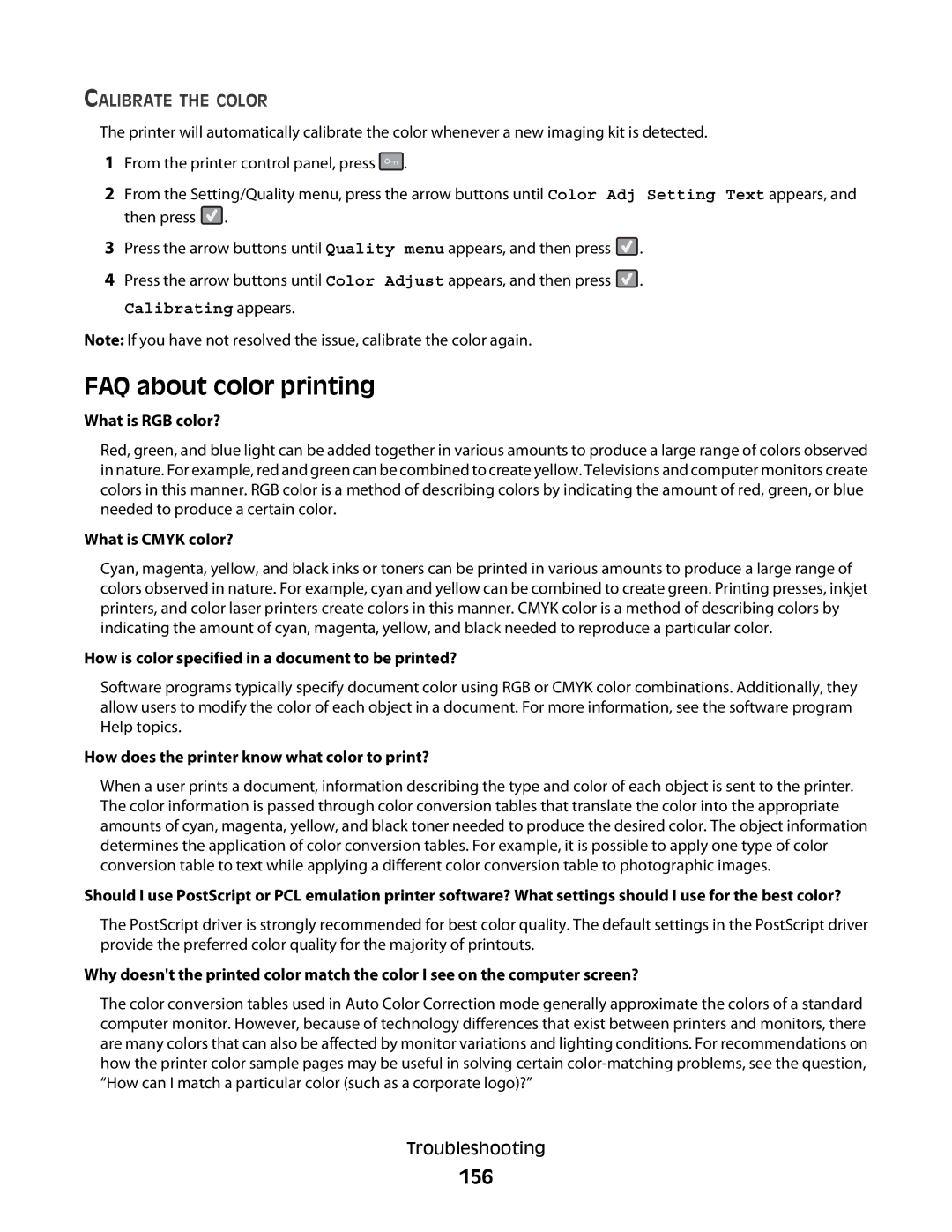 Lexmark C54x Series FAQ about color printing, 156, What is RGB color?, How does the printer know what color to print? 