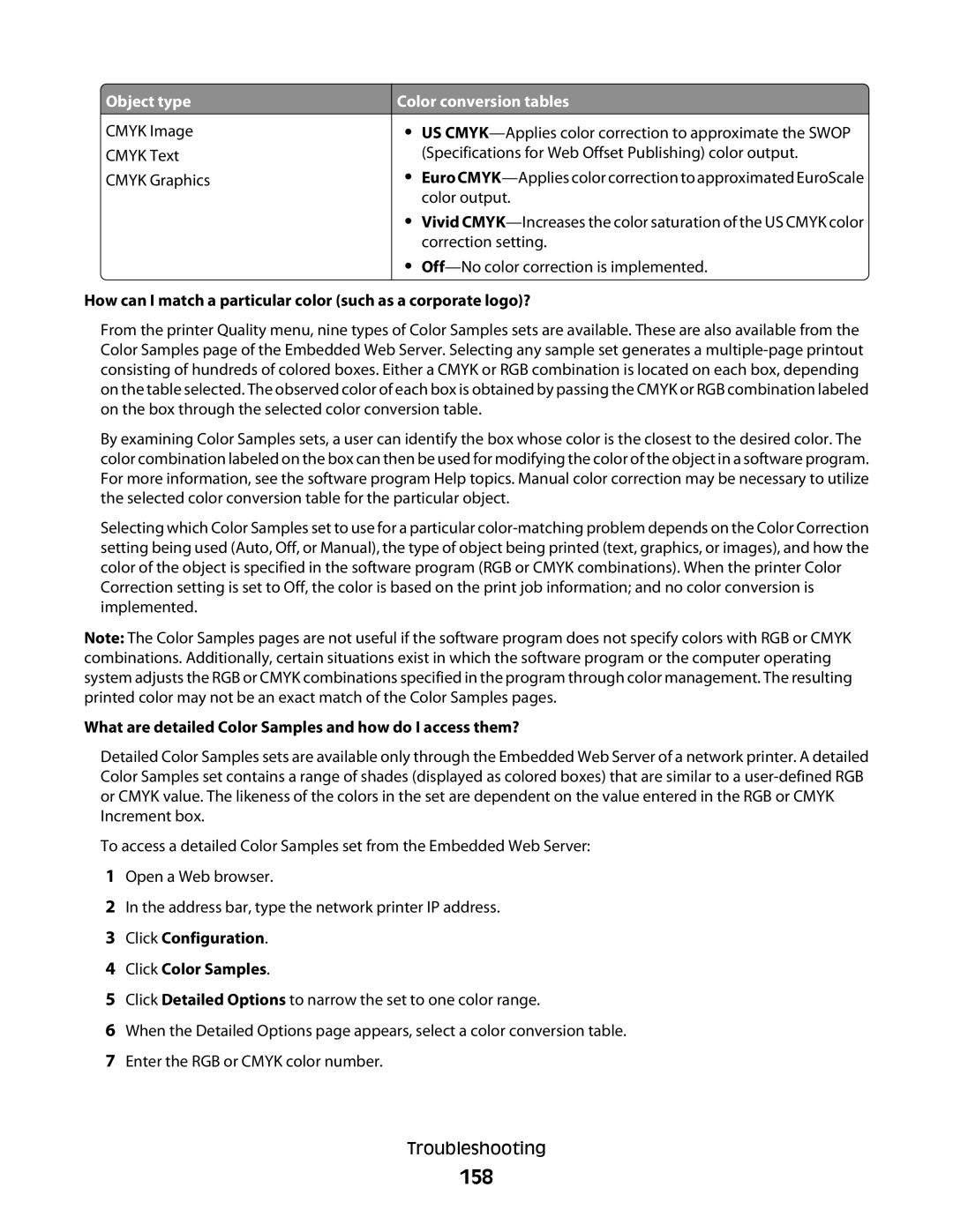 Lexmark C54x Series manual 158, What are detailed Color Samples and how do I access them? 