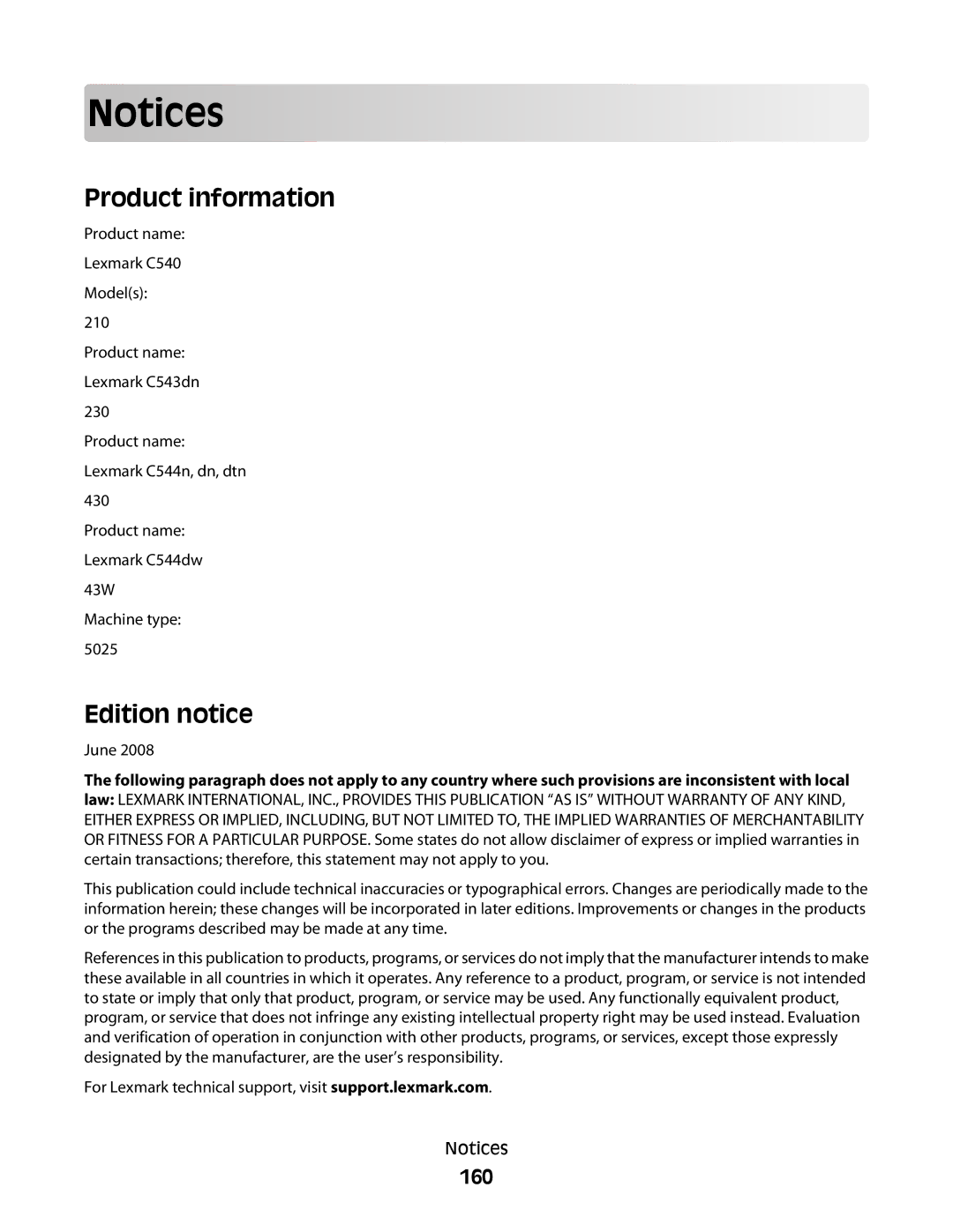 Lexmark C54x Series manual Product information, Edition notice, 160 