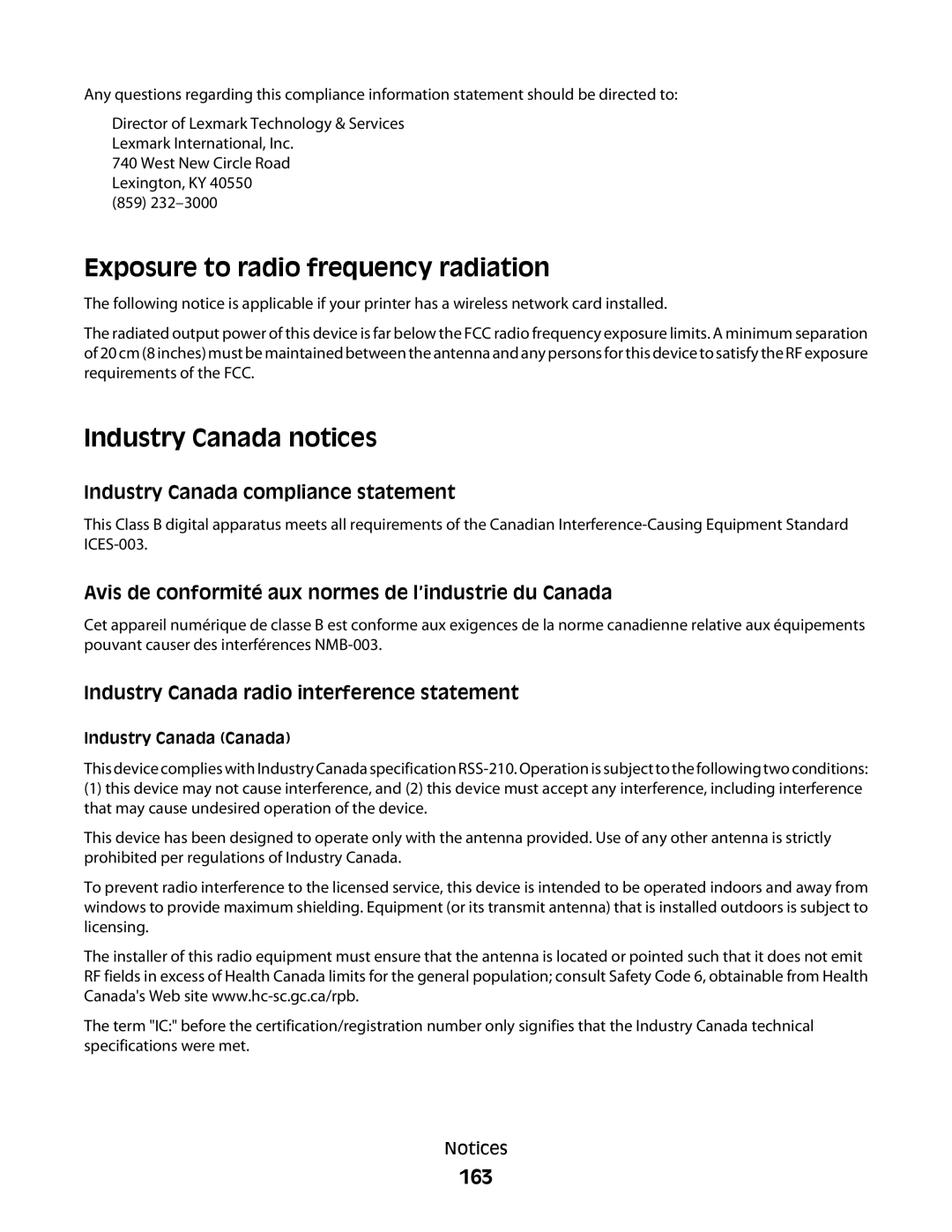 Lexmark C54x Series manual Exposure to radio frequency radiation, Industry Canada notices, 163, Industry Canada Canada 