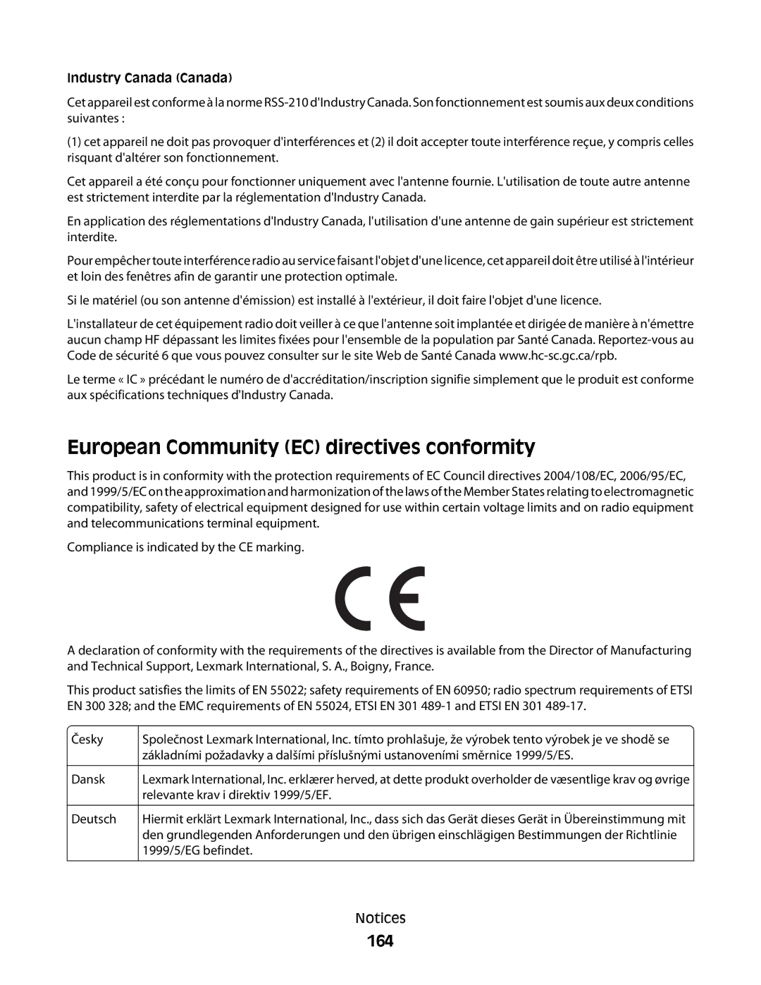 Lexmark C54x Series manual European Community EC directives conformity, 164 