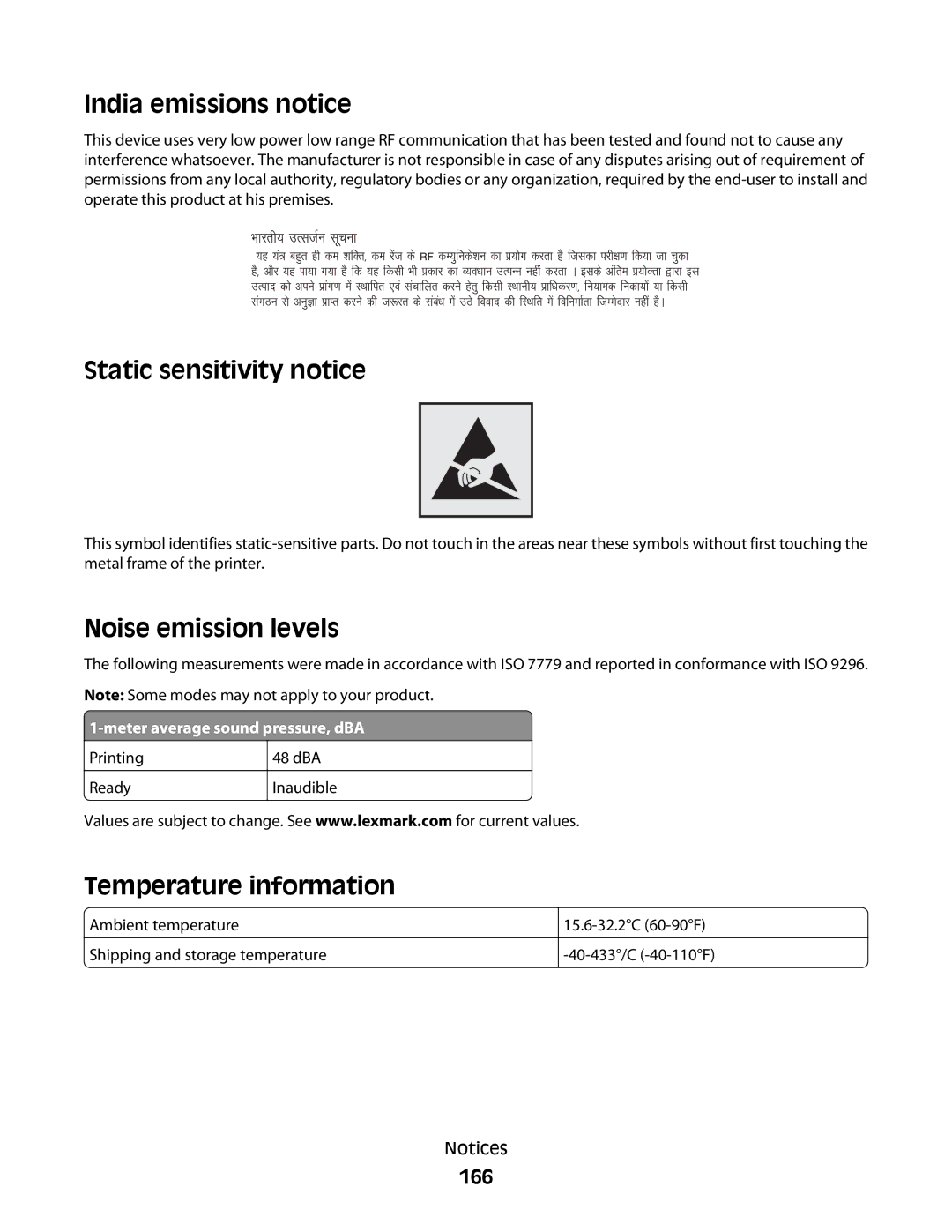 Lexmark C54x Series India emissions notice, Static sensitivity notice, Noise emission levels, Temperature information, 166 