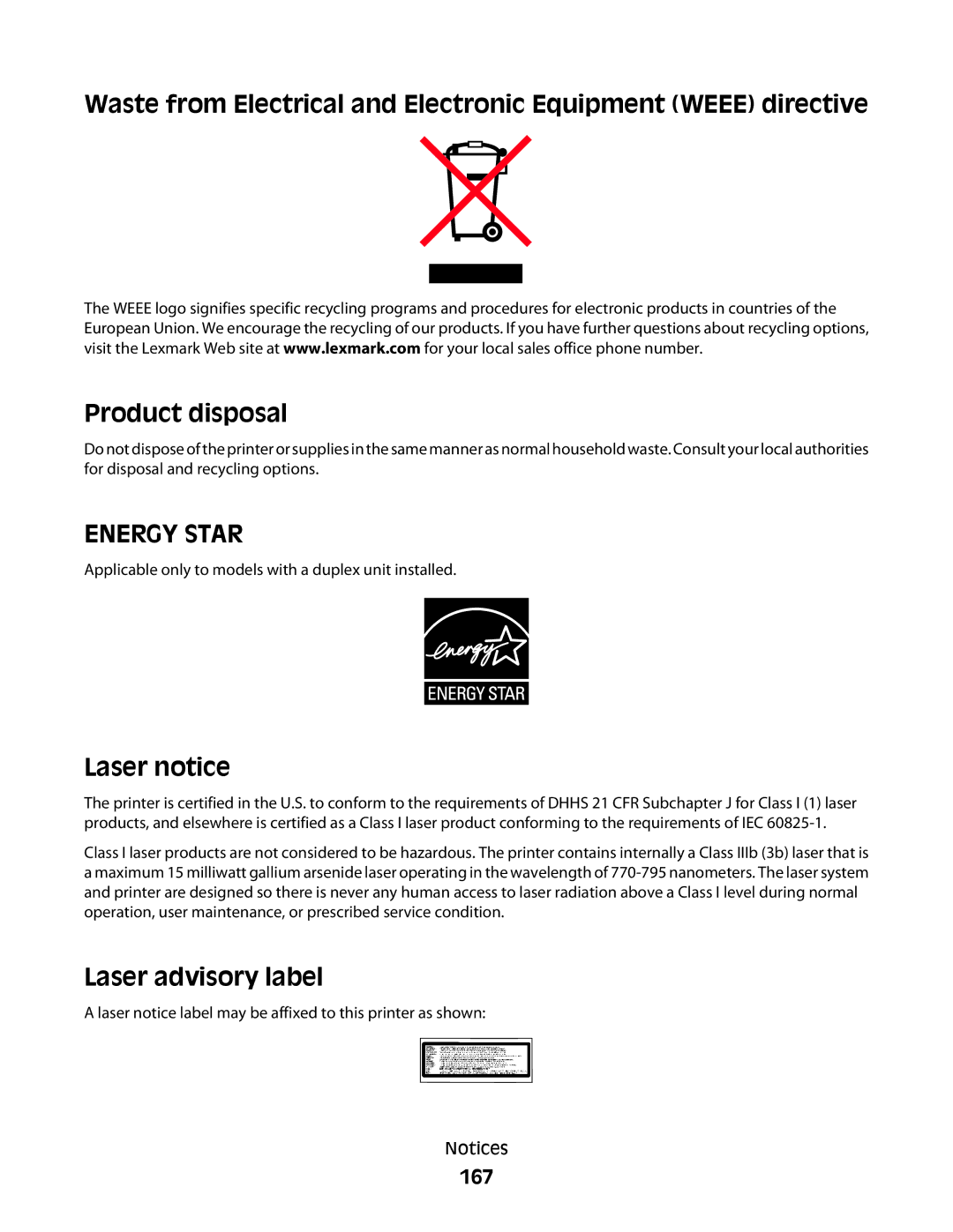 Lexmark C54x Series manual Laser notice, Laser advisory label, 167 