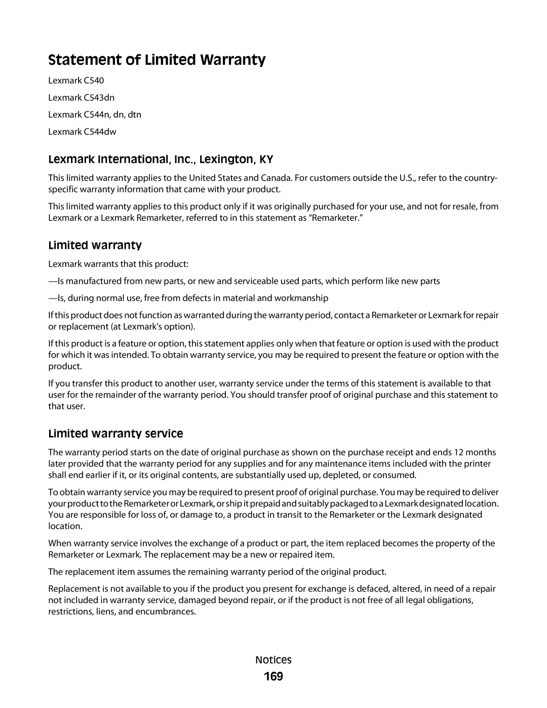 Lexmark C54x Series manual Statement of Limited Warranty, 169 