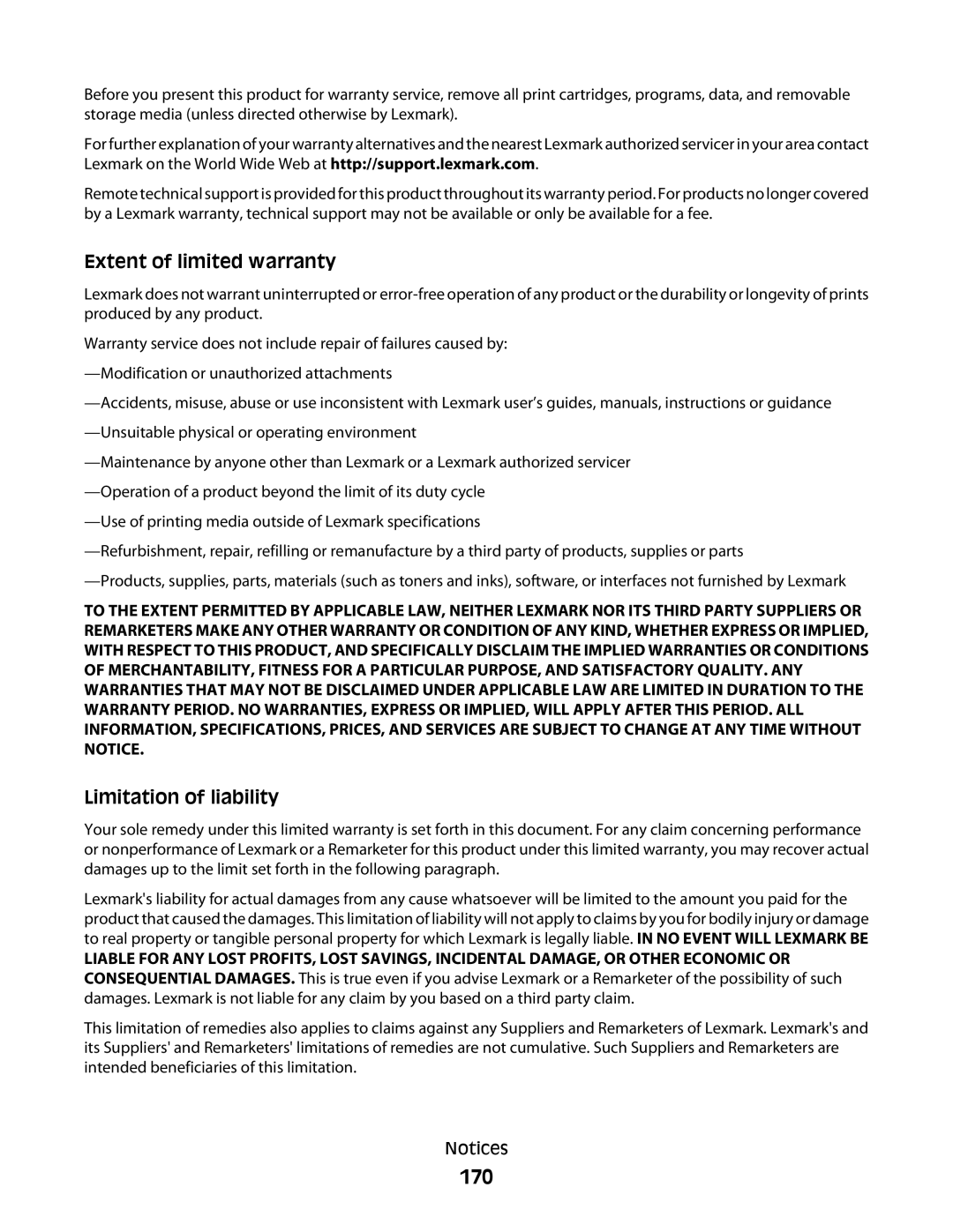 Lexmark C54x Series manual 170, Extent of limited warranty 