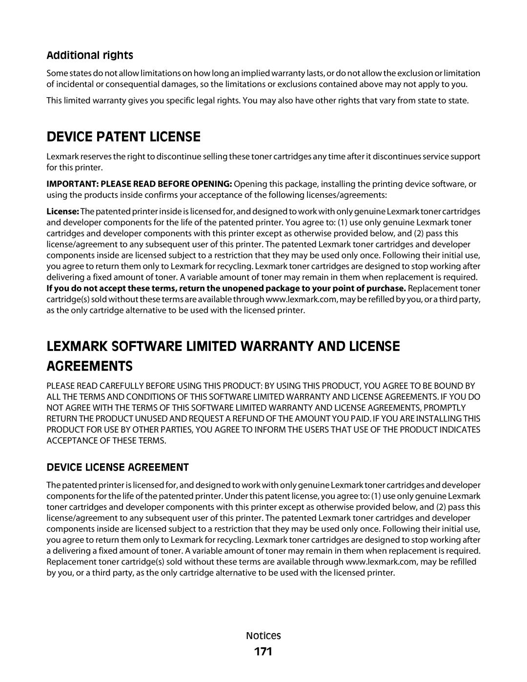 Lexmark C54x Series manual 171, Additional rights 