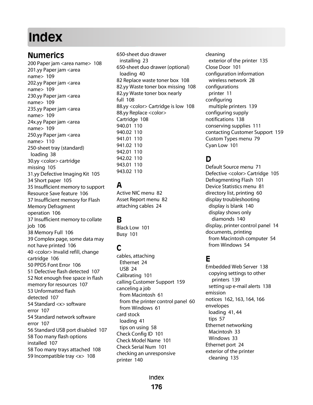 Lexmark C54x Series manual Index, Numerics, 176 