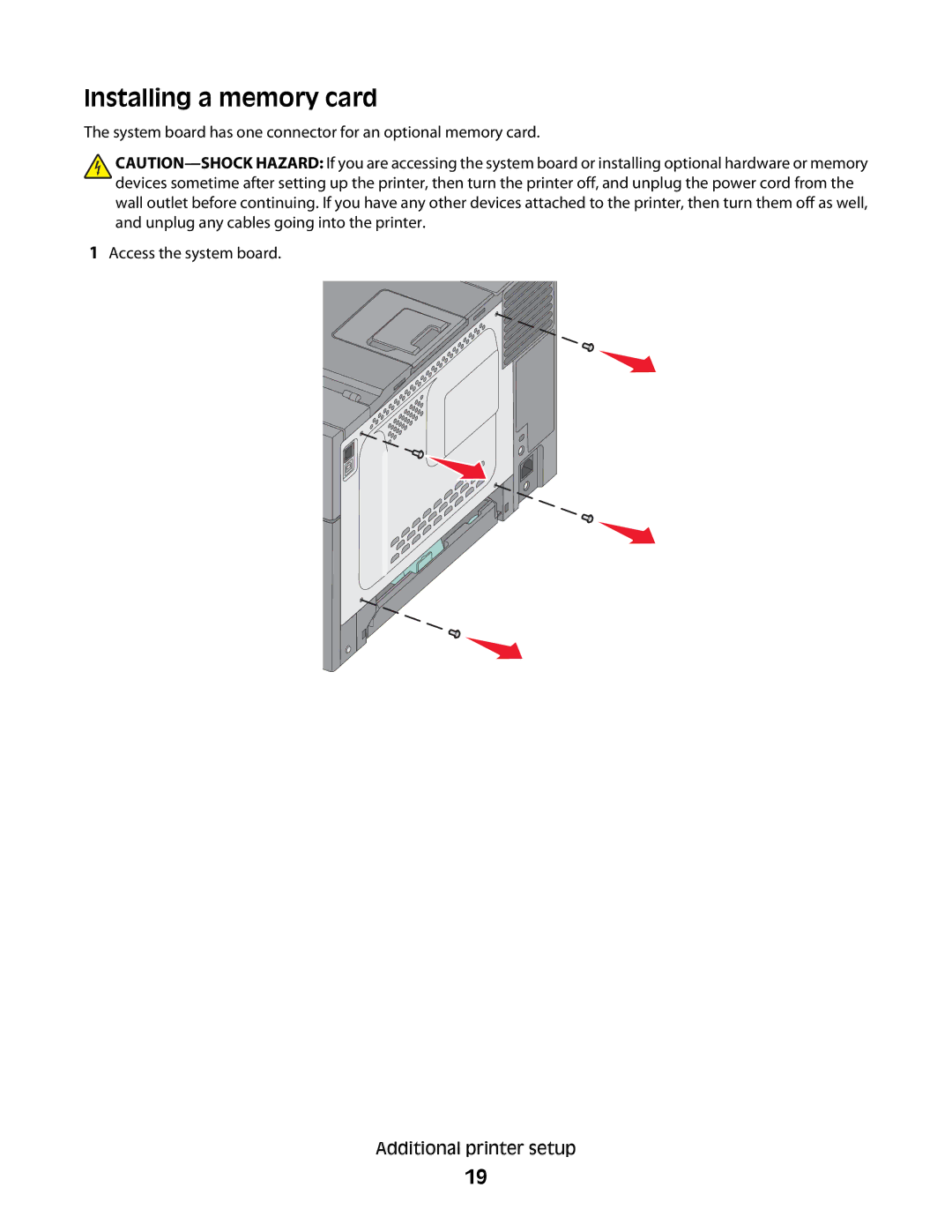 Lexmark C54x Series manual Installing a memory card 