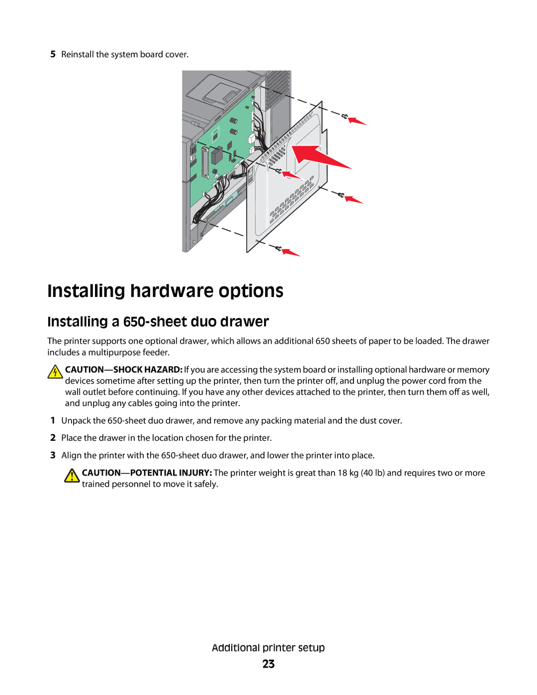 Lexmark C54x Series manual Installing hardware options, Installing a 650-sheet duo drawer 