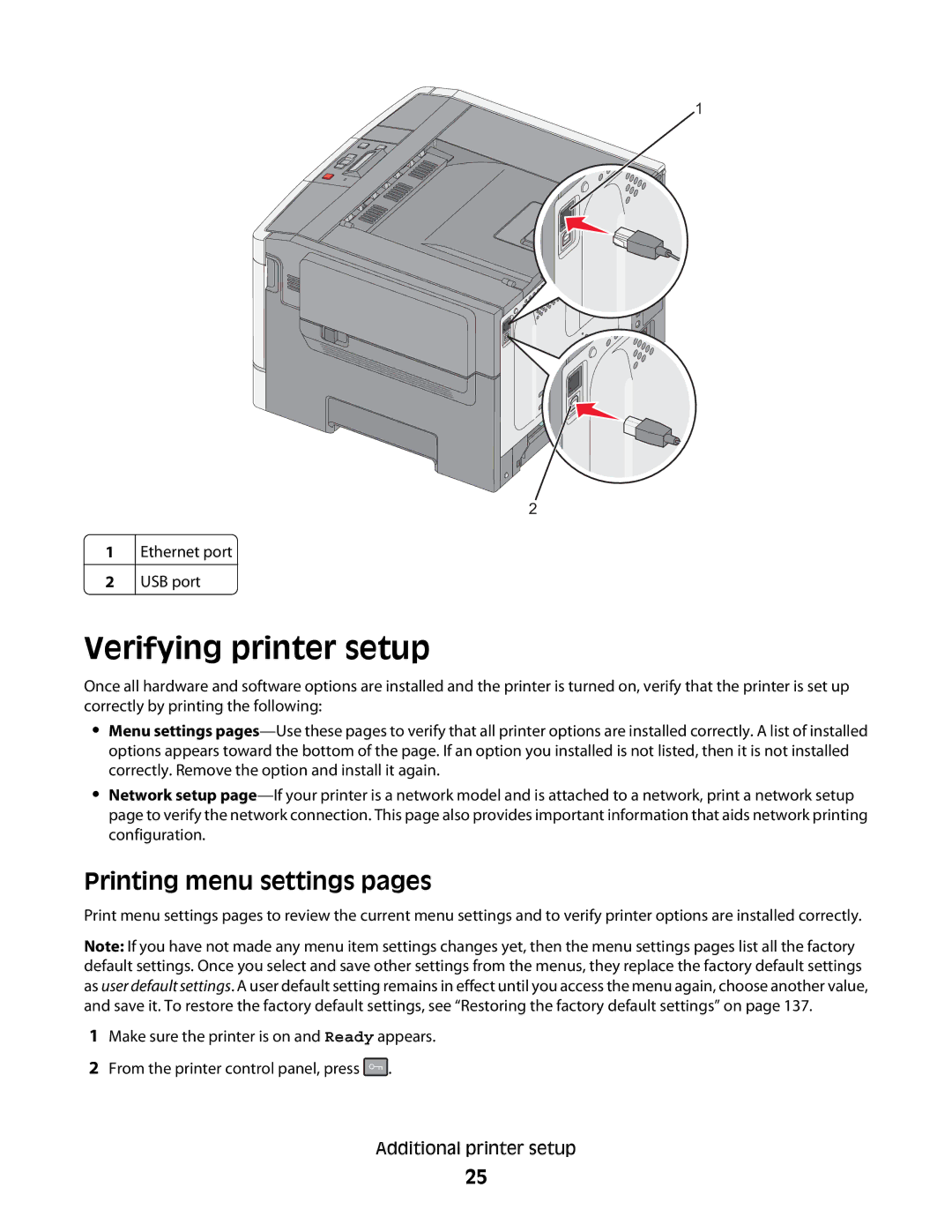 Lexmark C54x Series manual Verifying printer setup, Printing menu settings pages 