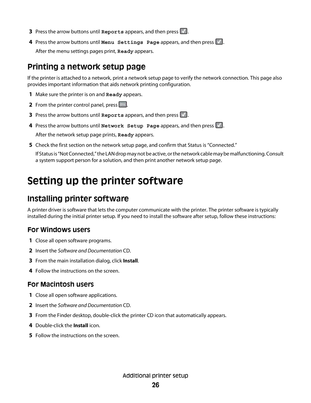 Lexmark C54x Series manual Setting up the printer software, Printing a network setup, Installing printer software 