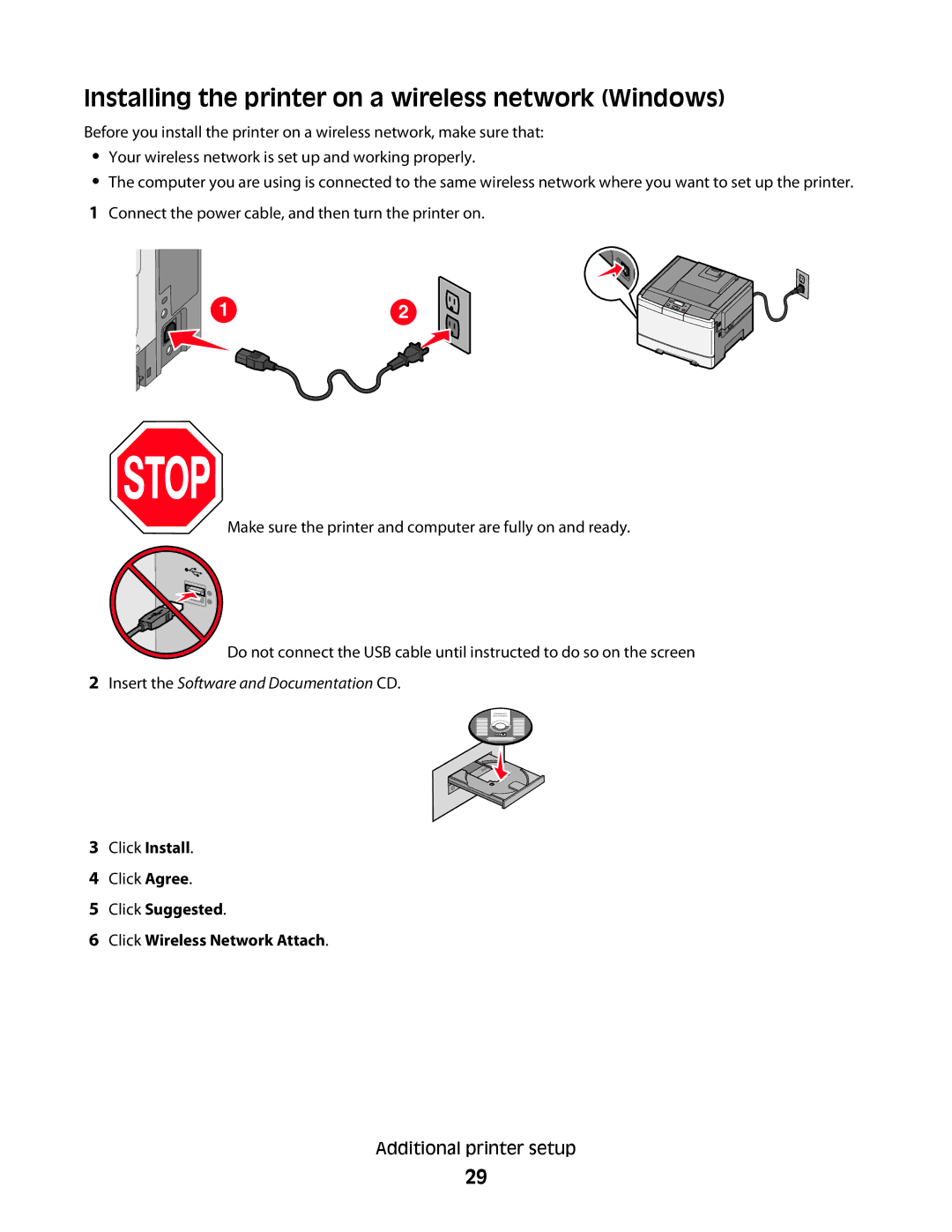 Lexmark C54x Series Installing the printer on a wireless network Windows, Click Suggested Click Wireless Network Attach 