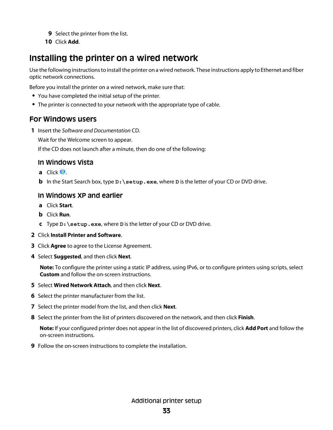 Lexmark C54x Series manual Installing the printer on a wired network, Click Install Printer and Software 