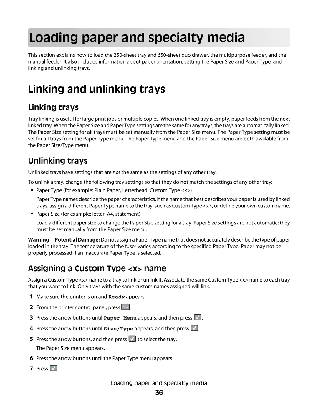 Lexmark C54x Series Load in g pape r a nd s p ecialty med ia, Linking and unlinking trays, Linking trays, Unlinking trays 