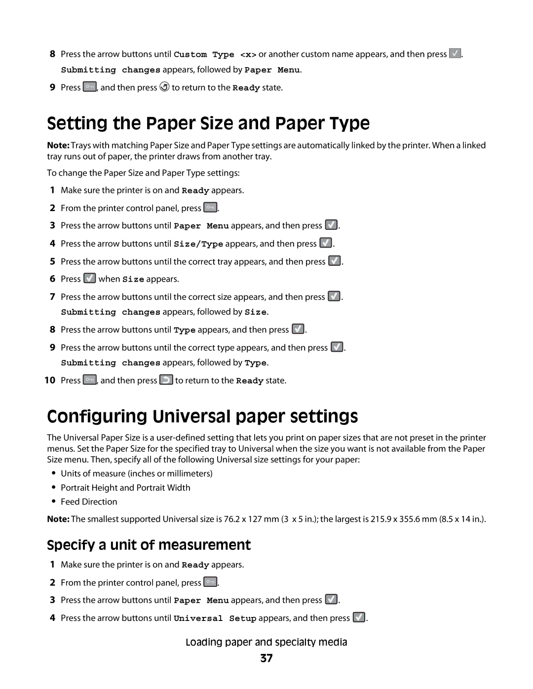 Lexmark C54x Series manual Setting the Paper Size and Paper Type, Configuring Universal paper settings 