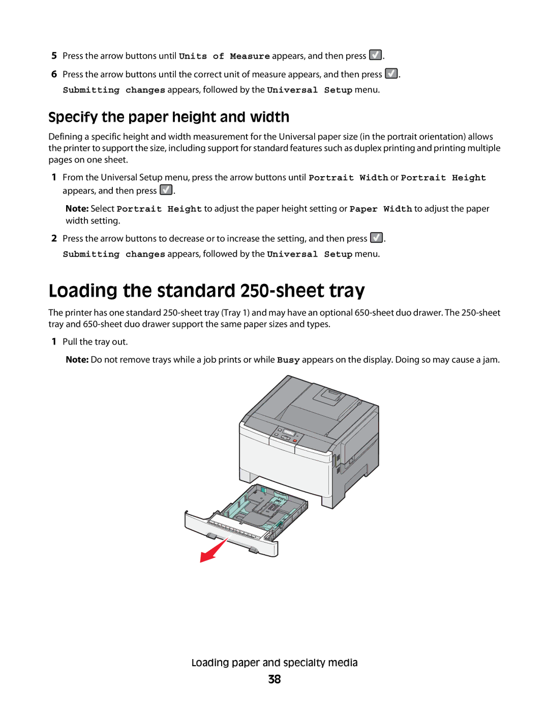 Lexmark C54x Series manual Loading the standard 250-sheet tray, Specify the paper height and width 