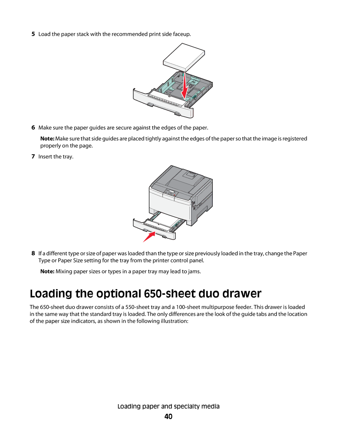 Lexmark C54x Series manual Loading the optional 650-sheet duo drawer 