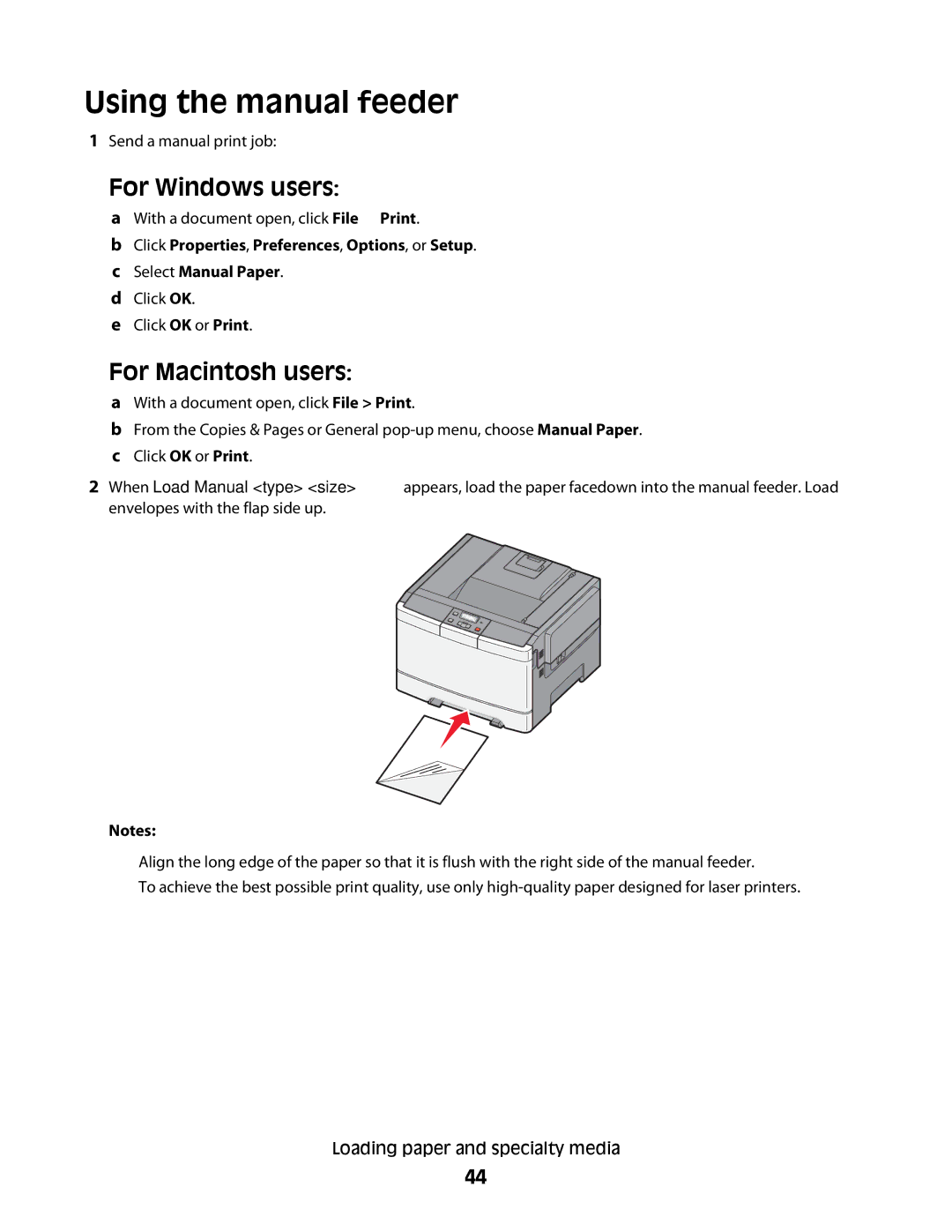 Lexmark C54x Series Using the manual feeder, For Windows users, For Macintosh users 