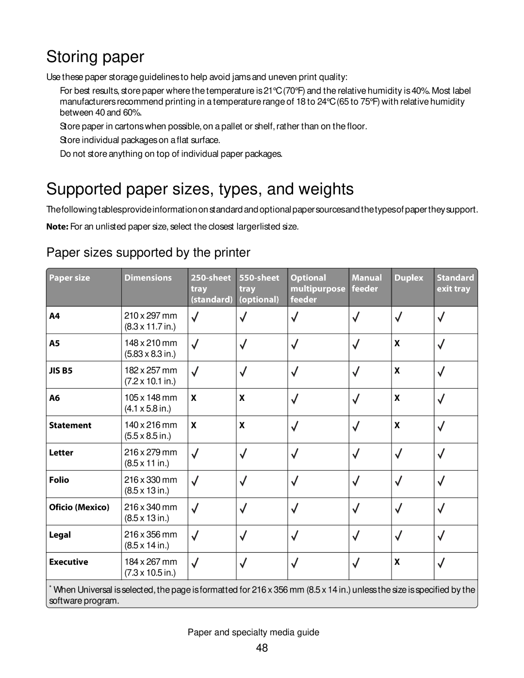 Lexmark C54x Series manual Storing paper, Supported paper sizes, types, and weights, Paper sizes supported by the printer 