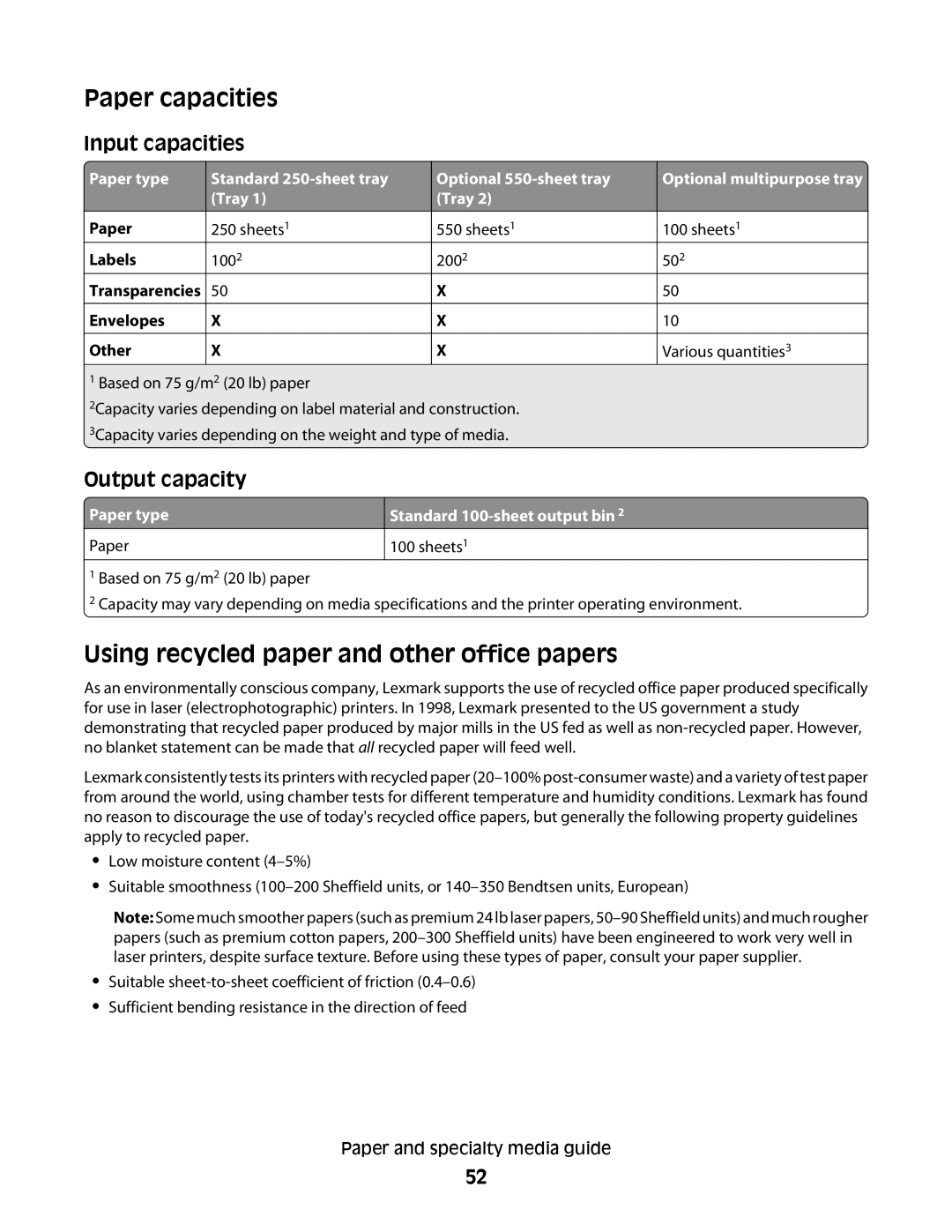 Lexmark C54x Series Paper capacities, Using recycled paper and other office papers, Input capacities, Output capacity 