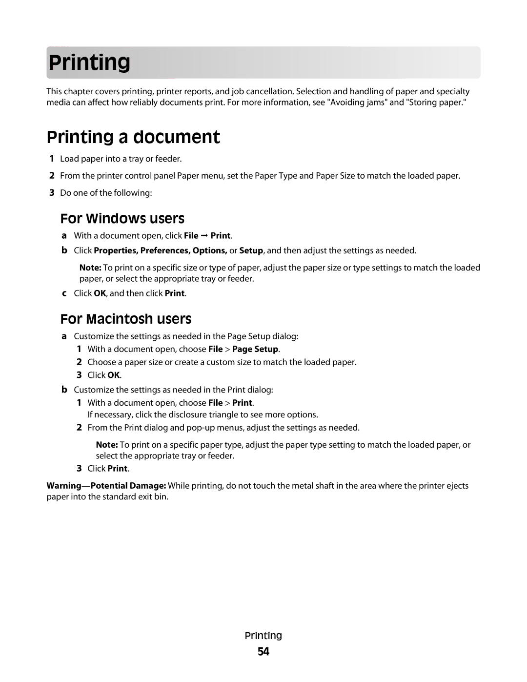 Lexmark C54x Series manual Prin ting, Printing a document 