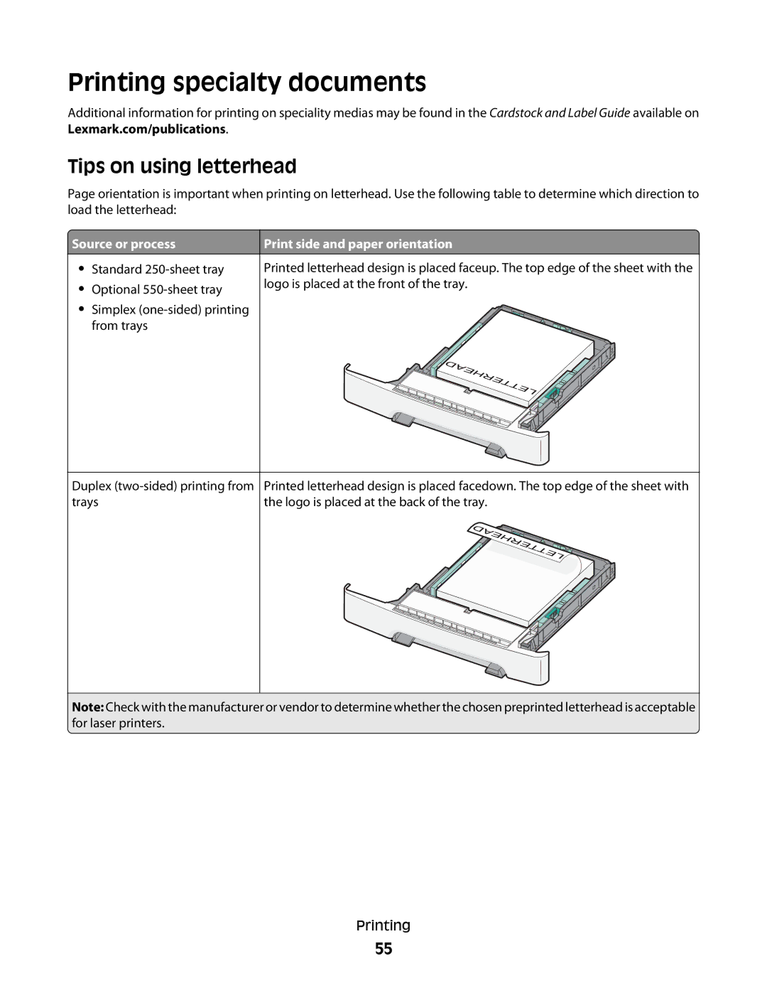 Lexmark C54x Series manual Printing specialty documents, Tips on using letterhead, Source or process 