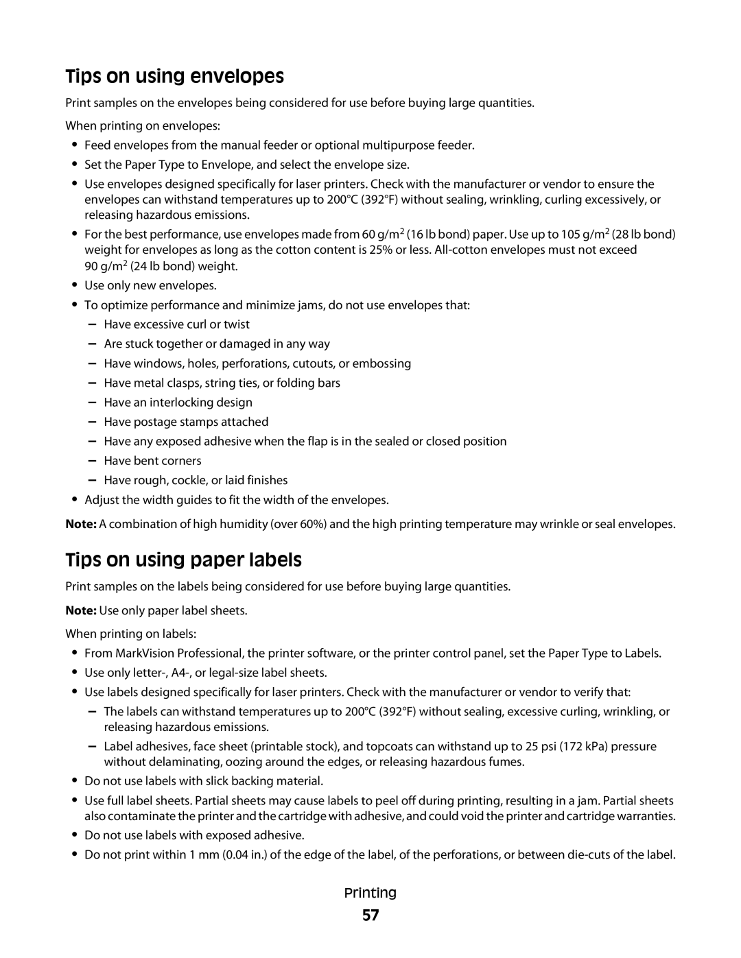 Lexmark C54x Series manual Tips on using envelopes 