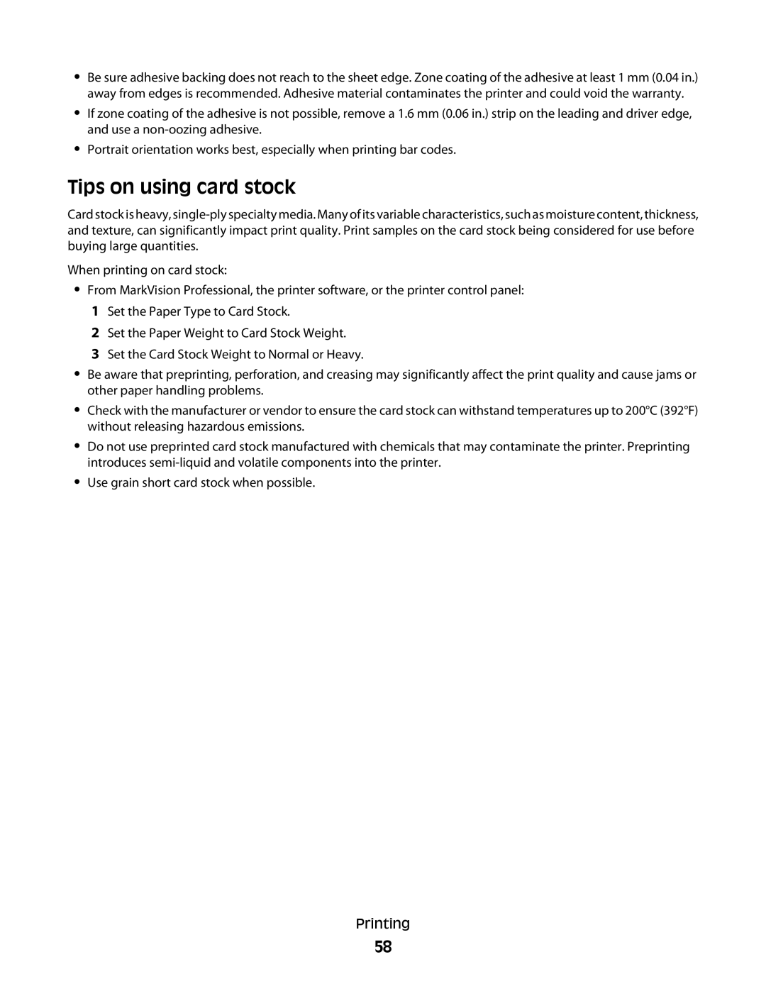 Lexmark C54x Series manual Tips on using card stock 