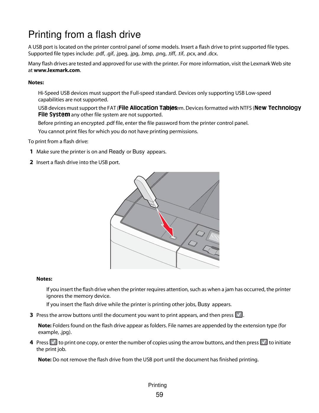 Lexmark C54x Series manual Printing from a flash drive 