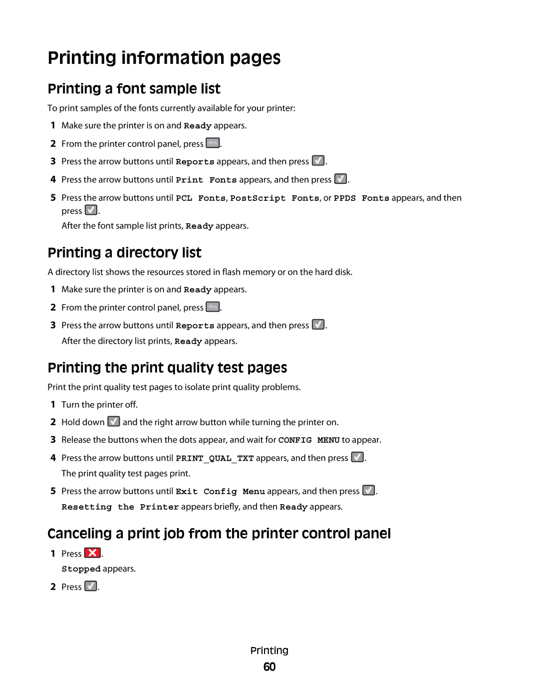 Lexmark C54x Series manual Printing information pages, Printing a font sample list, Printing a directory list 